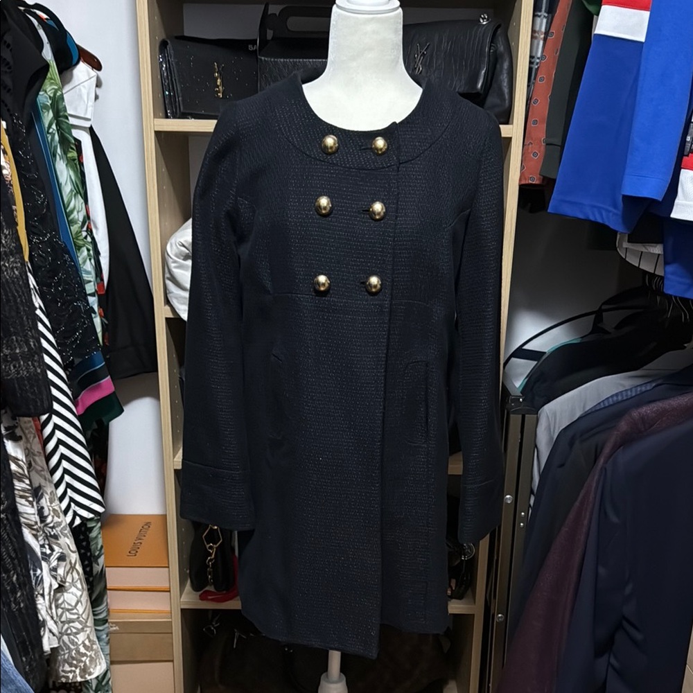 Black Double-Breasted Coat with Gold Buttons